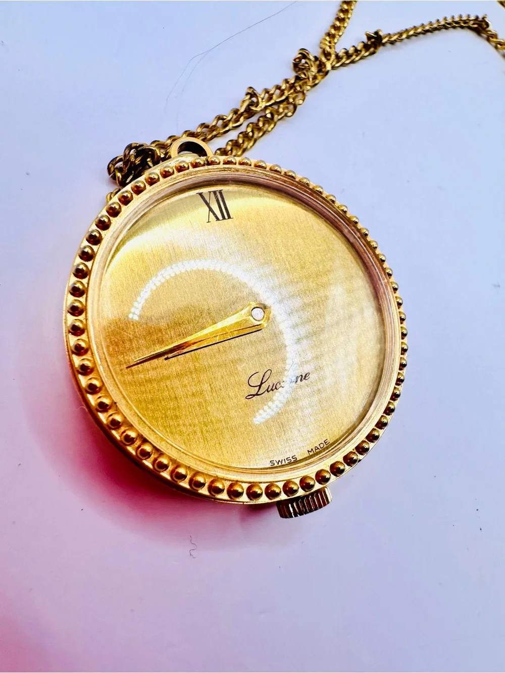 Lucerne Vintage Swiss Pendant Watch Necklace Gold Tone Working